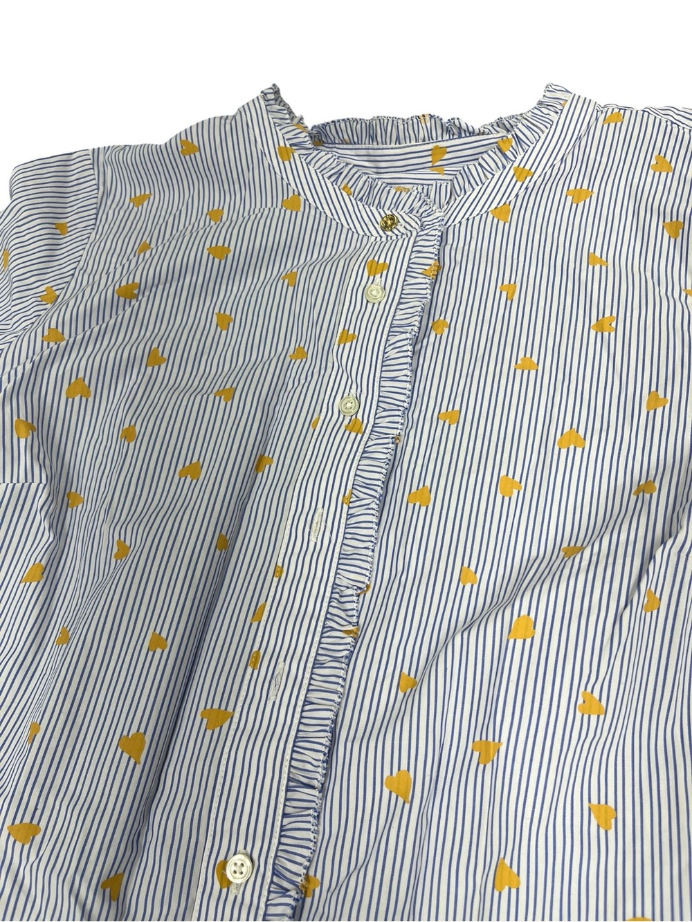 Talbots Womens Shirt Sz L Blue Button Up Striped L/S Ruffled Cotton Hearts